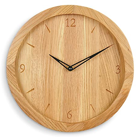 Natuhr Massivholz Wanduhr Bold Classic - große 30 cm Holzuhr rustikal Eiche geölt (Funk-Uhrwerk/Schwarze Zeiger)