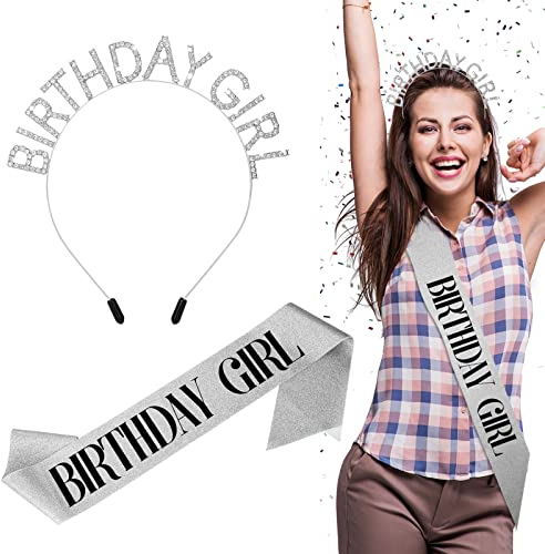 Sibba Birthday Tiara Crowns Happy Birthday Girl Sash Set Princess Queen Rhinestone Shining Headband Gifts for Women Celebrate Party Prom Costume Outfit Hair Styling Tool(Silber)