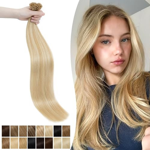 Silk-co Prebonded Hair Extensions Stick Tip Real Human Hair I tip Remy Stick Hair Extension 50 Strands 1g/s 22inch #18P613 Ash Blonde&Bleach Blonde
