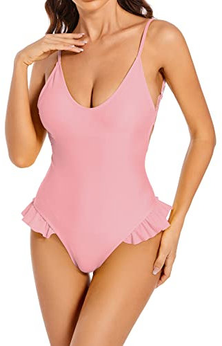 SHEKINI Costume da Bagno Intero da Donna Collo Basso Regolabile Sexy Design con Volant Costumi da Bagno Brasile Perizoma Monokini Senza Schienale Costumi da Bagno(S,Colore: Rosa.)