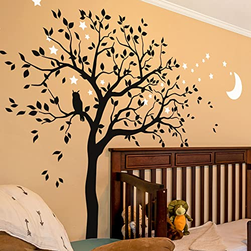 Studio Quee Großer Baum Wandaufkleber mit Eule, Mond und Sternen Kinderzimmer Wandbild Dekoration 088 (Äste nach rechts, Schwarz, Weiß)