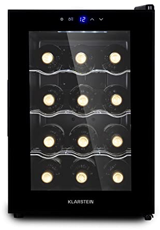 KLARSTEIN Cantinetta Vino, Cantinetta Vino Refrigerata a Zona Singola per Interno/Esterni, Frigo Bar, Cantina Vino con Vetrina, Mini Bar con Protezione UV, Frigo Vino Touch 15-18°C 12 Bottiglie