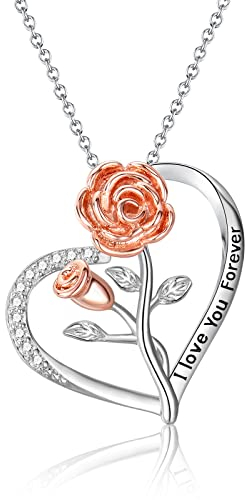 MASOP Sterling Silber 925 Kette Geschenk für Damen, Herz Rose Anhänger Zirkonia Rosegold Vergoldet Halskette Valentinstag Schmuck Geschenk für sie Freundin mit Geschenke Box