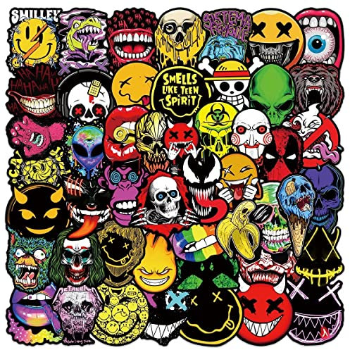 HNTR® Acid Smiley Face Stickers | 50 Twisted & Creepy Emoji Decals | Waterproof Vinyl Stickers for Halloween, Laptops, Water Bottles & Scrapbooks | Scary Horror Aesthetic Sticker Pack