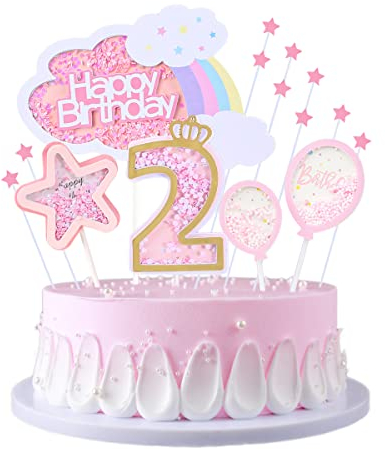 JKJF 2. Geburtstag Tortendeko Mädchen - Kuchen Topper Regenbogen Wolken Happy Birthday Kuchendeko Sterne Luftballon Cake Toppers für Baby Kinder - Rosa