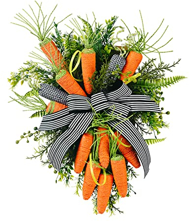 Sempoda Osterkranz, 50,8 cm Karotten-Osterkranz mit bunten Eiern für die Haustür, künstliche Blätter, Schleifenkränze für Frühling, Zuhause, Wandbehang, Dekoration