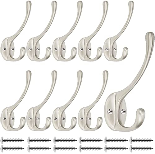 QMAHA 10 Stück Silber Garderobenhaken, Rostfrei Kleiderhaken Wand, Metall Haken zum Schrauben, Doppelt Wandhaken Garderobe, Robust Schwanenhals Haken Wand Mantelhaken für Badezimmer Küche Garderobe