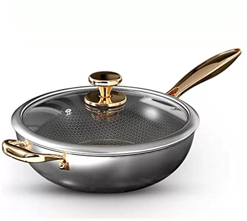 Antibakterielle Edelstahl Wok Pfanne Mit Deckel, Antihaftbeschichtung Kratzfeste Bratpfanne Mit Doppel Goldenen Griff, Wabenstruktur, Große Tiefe Sauteuse Für Elektrische, Induktionsherde