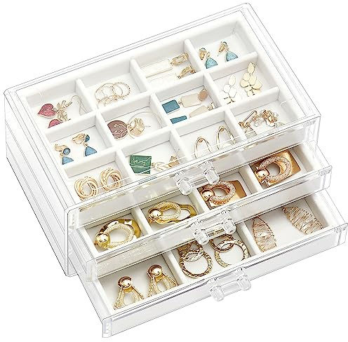 ProCase Porta Orecchini Organizer, Porta Gioielli da Cassetto con Divisori Regolabili, Porta Orecchini Chiuso da Camera, Vassoi per Gioielli Anelli Orecchini 3 Strati - Bianco caldo