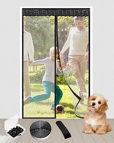 Trongle Magnetic Fly Screen Door,Heavy Duty Fly Screens for Doors with 38 Powerful Magnets and Full Frame Magic Tape,Bug Mesh Curtain Door Fly Screen,No Gap,Keep Bugs Out,90 x 210 CM,Black (FCML2023)