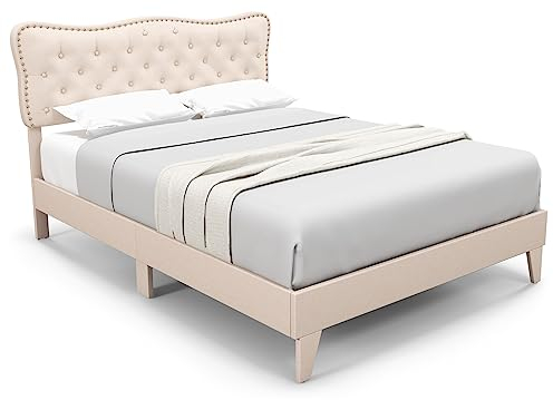 COSTWAY 4FT6/5FT Bed Frame, Double/King Size Upholstered Platform Bed Frame with Button Tufted Headboard, Wooden Slat Support Bedstead Base Mattress Foundation, No Box Spring Needed (5FT King)
