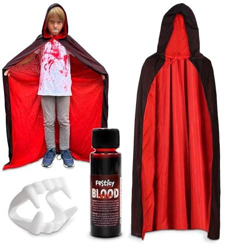 Festicy Set Disfraz Vampiro 2025 - Capa Drácula 140cm Con Capucha Rojo y Negro, Sangre Falsa 25 ml, Colmillos, Maquillaje Blanco - Halloween Niño y Niña