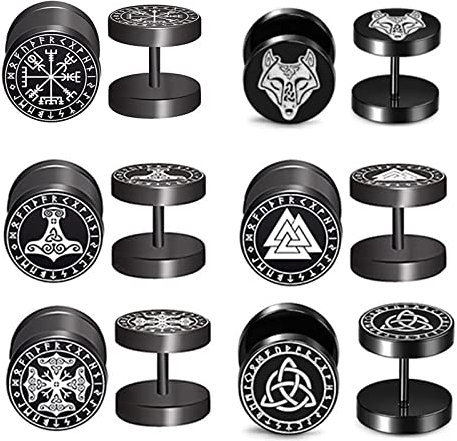 Unisex Wikinger Ohrstecker Ohrringe Set - 6 paar Herren Damen Edelstahl Schwarz Punk Ohrringe Hanteln Geburtstag für Männer Frauen