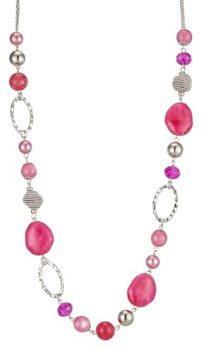 Bulinlin Silber Perplen Lang Kette für Damen Boho Statement Chain Halskette Modeschmuck Geburtstagsgeschenke für Frauen (52-Hot Pink)