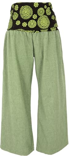 GURU SHOP Weite Marlenehose, Wellnesshose, Yogahose, Boho Hose mit Breitem Bund - Grün/Lemon, Damen, Size:XL