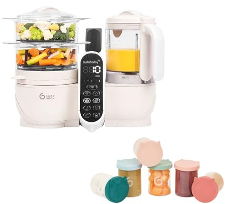 Babymoov Nutribaby(+) Beige + Lot 6 pots ISY BOWLS - Pots de Conservation en Verre Borosilicate Ultra Résistant - 250 ml - Robot Multifonctions pour Bébé 6 en 1 - Cuiseur vapeur - Mixeur
