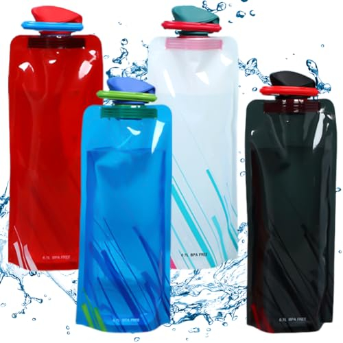 FCXVXCL Plegable Bolsa De Agua, 700ml Sistema De Botellas De Agua Plegable, Plegable Flexible Botella De Agua Reutilizable, para Campamento, Caminatas, Viajes - 4 Piezas