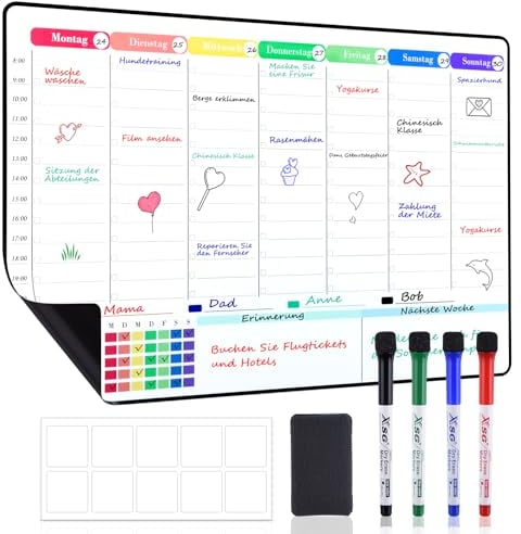POPRUN Magnetisch Wochenplaner Whiteboard Abwischbar für Kühlschrank, Haushaltsplaner Familienplaner Stundenplan Perfect als Wochenplan Kinder,Essensplaner,Memoboard,Einkaufsliste, 42×28cm auf Deutsch