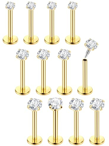 Chriscoco 16G 12Pcs Helix Piercings Chirurgenstahl piercing ohr conch piercing Nasenpiercing Tragus Piercing lippenpiercing labret piercing Studs 8mm für Frauen Männer Gold