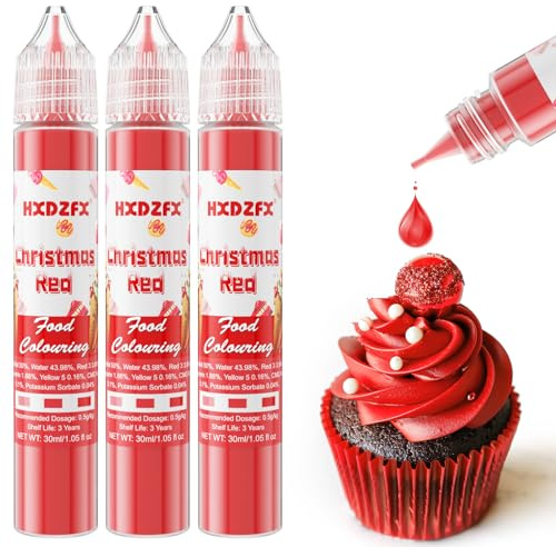 Christmas Red Food Colouring - 30ml×3 Bottles Concentrated Food Colouring Liquid for Baking, Cake Decorating, Candy, Macaron, Icing and Cooking (Christmas Red, 3 Bottles x 30ml)