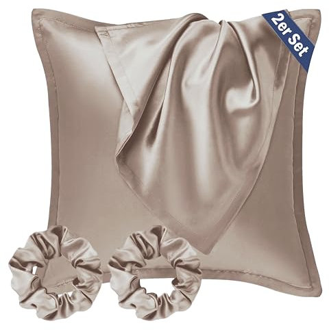 Seiwohl Satin Kissenbezug 40x40 2er Set, Weich wie Seidenkissenbezug Silk Pillowcase, Vegane Seide Kopfkissenbezug Kissenhülle Seidenkopfkissen für Haar und Haut mit 2 Haargummis, Taupe