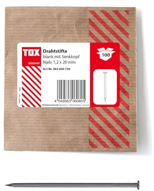 TOX Clavos de alambre 1,2x20 mm con cabeza avellanada para conexiones de madera simples y superficies planas, acero desnudo, 100 unidades en un empaque de papel reciclable y resellable, 063600150