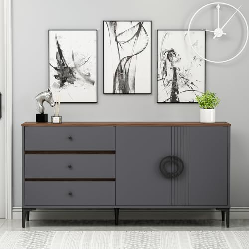 Homidea ZOE Konsole – Kommode – Sideboard – TV Board – mit 2 Türen und 3 Schubladen in modernem Design 150 x 78.6 x 40 cm (Anthrazit/Walnuß)