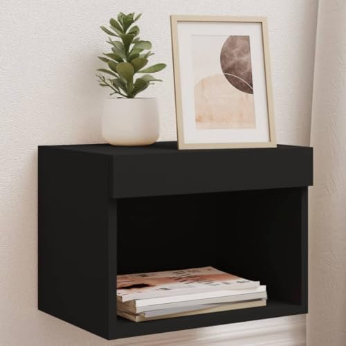 DYRJDJWIDHW Meuble TV Suspendu Blanc laqué,Meuble TV,Tables de Chevet murales avec lumières LED 2 pcs noirConvient au Salon, à la Chambre à Coucher, à la Salle de séjour