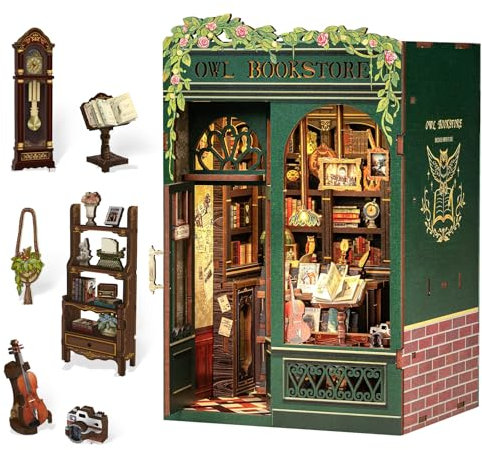 Fsolis Book Nook DIY - Owl Booksore, Maison Miniature à Monter soi, décoration d'étagère à Livres, réduits pour Adultes à Construire, Booknook Cadeau créatif