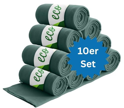 wometo 10er Vorteilspack Eco Fleecedecke aus 100% recyceltem Material + OekoTex und GRS Zertifiziert 130x160 cm ca. 400 g - dunkelgrün mit Anti-Pilling und Kettelrand