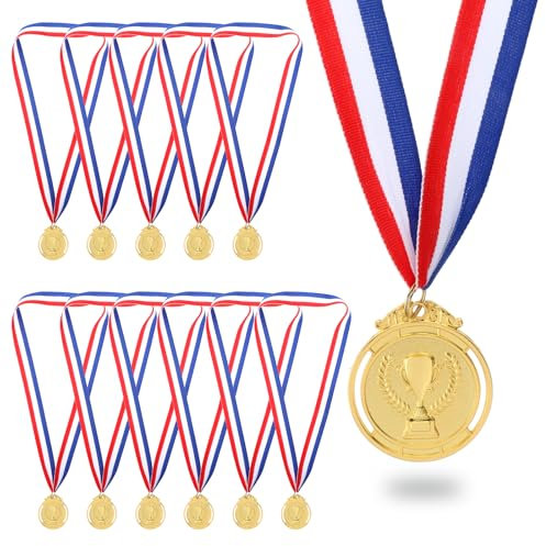 InnoHHustle 12 Stück Metall Medaillen Goldmedaille Metall, Siegermedaille im olympischen Stil mit Bändern für Kinder Sieger Wettbewerbe Party Dekorationen Olympischer Stil mit Halsbändern