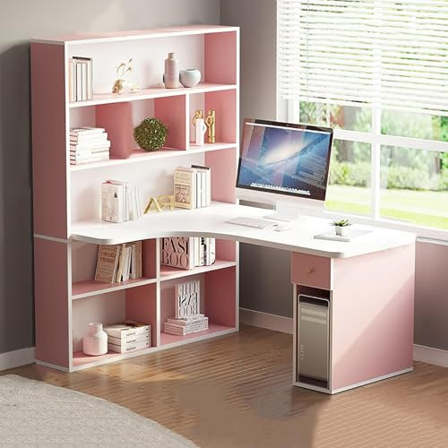 PAUANI 47 Inch Computer Desk with Storage Shelves, Modern Wood L-Shaped Corner Desk with Drawers, Shaped Desk with Hutch, Writing Study Table for Home Office Workstation Furniture(Pink,120cm)