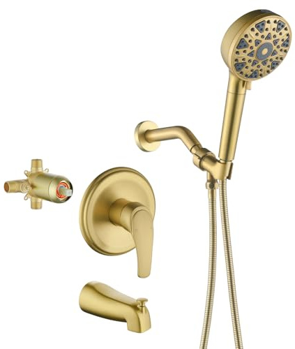 Brushed Gold Bath Spout and Shower Faucet Set Complete with Handheld Shower Head Combo Set Shower System with Tub Spout and Shower Panel Set