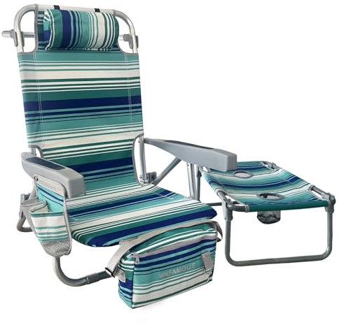 WKFAMOUT Rucksack Strandstuhl Klappbar mit Klapptisch 5 Position Verstellbarer Rückenlehne Niedrig Campingstuhl Gartenstuhl Klappstuhl mit Kühltasche Getränkehalter für Strand Garten Cyan