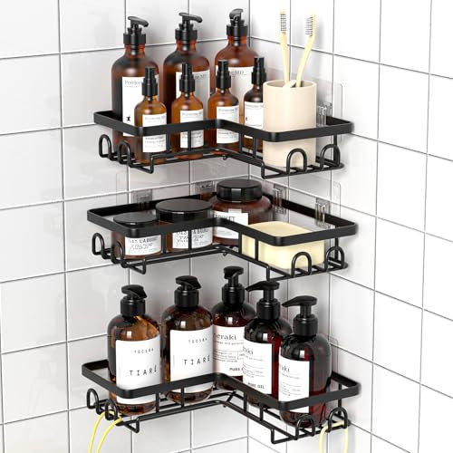 Diwoker Etagere Douche sans Percage, 3 Pièces Etagere Salle de Bain, Etagère Salle Angle de Bain, Rangement et Organisation de la Salle de Bain Noir