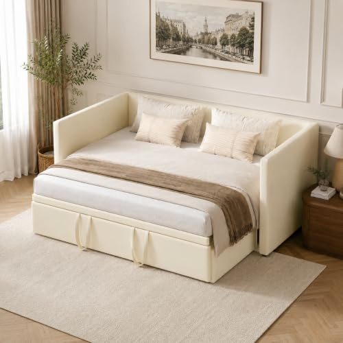 KEFSR Polsterbett, ausziehbares Bettgestell, Schlafsofa 90/180 x 200 cm, Samtstoff, platzsparendes Design, perfekt zum platzsparenden Verstauen (Beige)