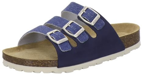 AFS-Schuhe 2133, Bequeme Pantoletten Damen Leder Sandalen, flach Sommer Fußbett und Schnalle (36 EU, Jeans)