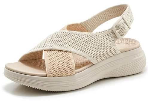 Meik Mangni Orthopädische Sandalen Damen Sommer Elegant Sandaletten Keilsandalen mit Cross Strap Leicht Outdoorsandale Verstellbare Riemen,Beige,Gr.40 EU