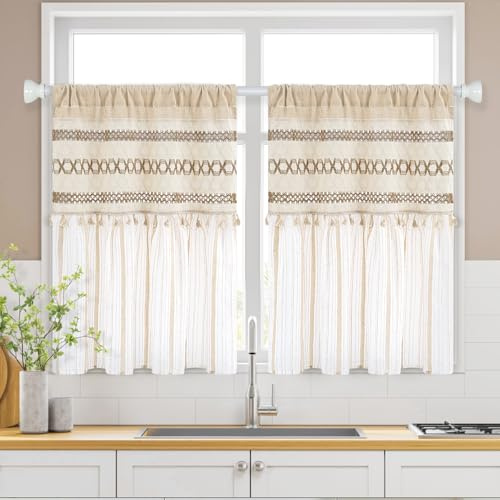 FRAMICS Farmhouse Küchenvorhänge, 91,4 cm Länge, gestreift, kurzer Vorhang für Fenster, Boho, Häkeln, kleine Fenstervorhänge für Küche, Stangentasche, Lichtfilterung, Stufenvorhang für Badezimmer