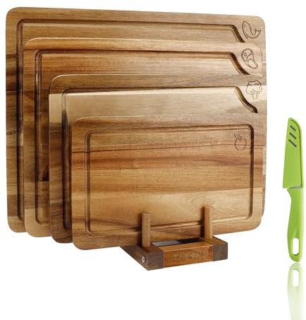 Acacia Wood Chopping Boards Set of 4 with Stand, Wooden Cutting Boards with Food Icons for Meat, Vegetables, Fruits, Cheese, Kitchen Cutting Board Set