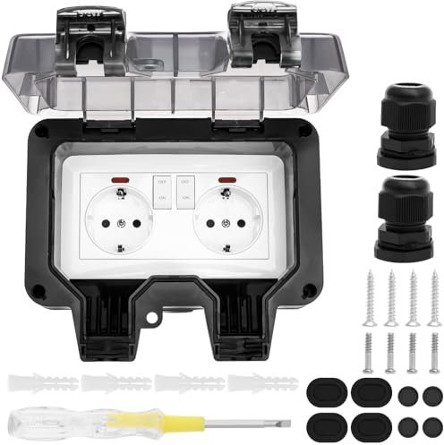Außensteckdose Steckdose IP66 Wasserdicht Steckdose mit Schalter Kontrollleuchte, Wandsteckdose Feuchtraum Aufputz Schutzkontakt Gartensteckdose Staubdicht Wetterfest Outdoor mit Klappdeckel(Schwarz)