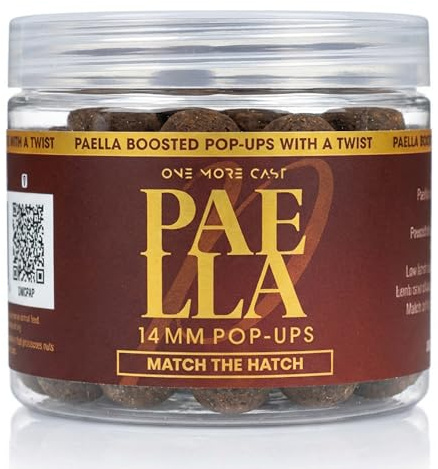 One More Cast OMC Paella Match The Hatch Pop Ups 14mm - Carp Bait 200ml Tub | Ultra Buoyant High Visibility Carp Hookbaits with Spicy Meaty Fish Attractor