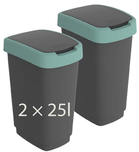 Rotho Twist Mülleimer Küche 2er 25 L mit Deckel schmaler Anthrazit/Grün | Abfalleimer Küche, 2 Behälter mit je 25 L, Schwing- und Klappdeckel, schmale eckige Form, Müllbeutelrand verdeckt, praktisch