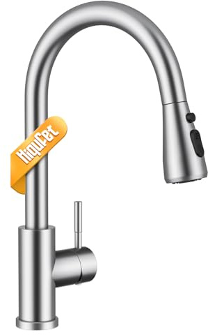 Hiqufet Robinets de Cuisine, Robinet Mitigeur Évier avec Pivotant 360° et Bec Extractible, Robinet Évier Haute Arche à Une Seule Manette en Acier Inoxydable, Nickel Brossé