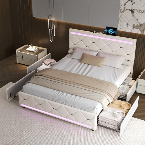 Mutuolux Polsterbett mit Stauraum, Doppelbett für Erwachsene, Bett mit Lattenrost, 4 Schubladen mit Rollen, Kopfteil mit LED-Beleuchtung, Samt (Weiß und Beige) (Weiß und Beige, 140 x 200 cm)