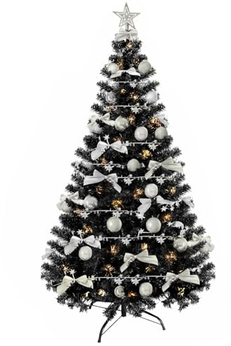 Weihnachtsbaum künstlich (WBD) 150 cm schwarz mit Weihnachtsdeko Silber und Led Lichterkette mit Batteriebox und Fernbedienung künstlicher Christbaum klein Tannenbaum