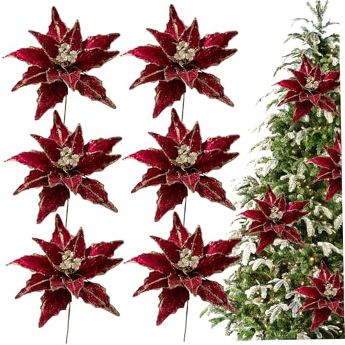 Peosaard 6 fiori di Natale, fiori di stella di Natale scintillanti, flanella artificiale realistica, 11 grandi decorazioni natalizie per albero, vino rosso, magnolia artificiale