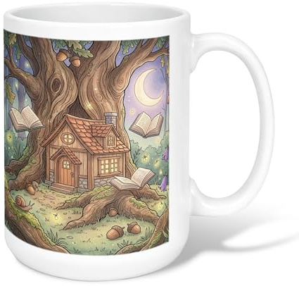 Tazza da caffè in ceramica con albero, fantasioso libro della casa fantasy, verde autunnale, tazza con manico, ideale per amici, familiari, amanti, anziani, colleghi, 425,2 g