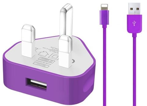 TheMax® USB 2.0 Data Sync Charging Cable 1 meter + 1000mAh USB Charger Plug Compatible with iiPhones 6/7/8/X/XS/XS Max/11/12/12 Pro Max/13/13 Mini/14/14 plus (1 Meter, Purple 2 in1)