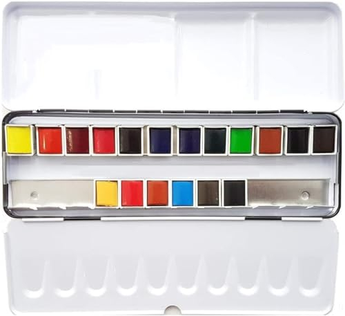 Sennelier Boîte de Peinture Aquarelle Extra-Fines,18 demi-godets Boîte en métal et Da Vinci XS Synthetic Brush Voyage